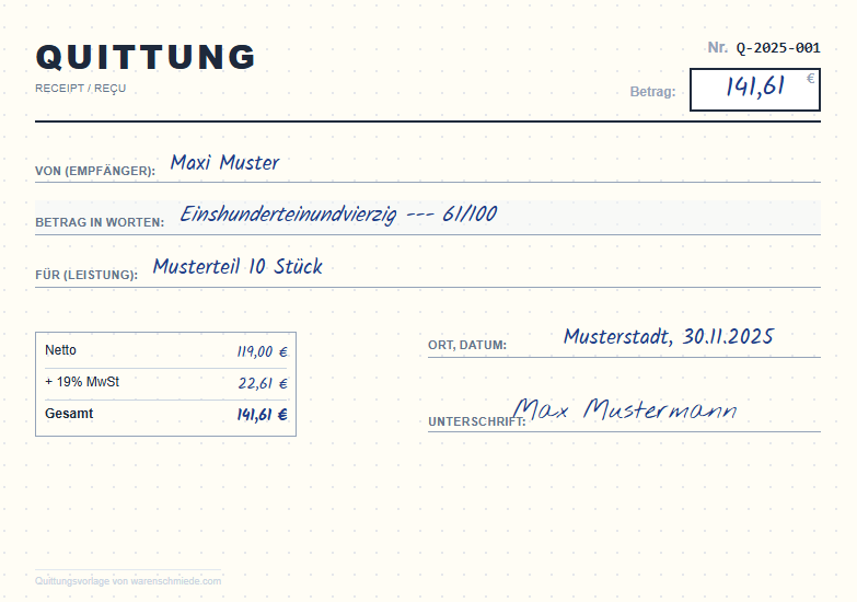 Beispielquittung mit MwSt