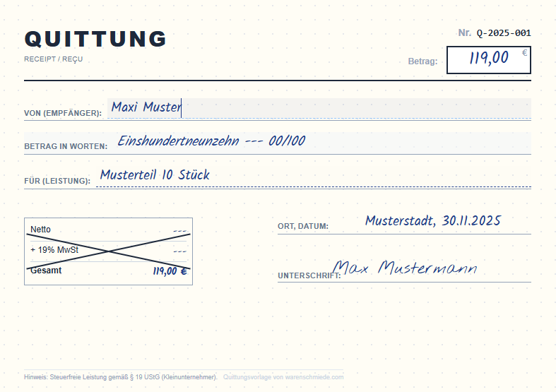 Beispielquittung ohne MwSt für Kleinunternehmer