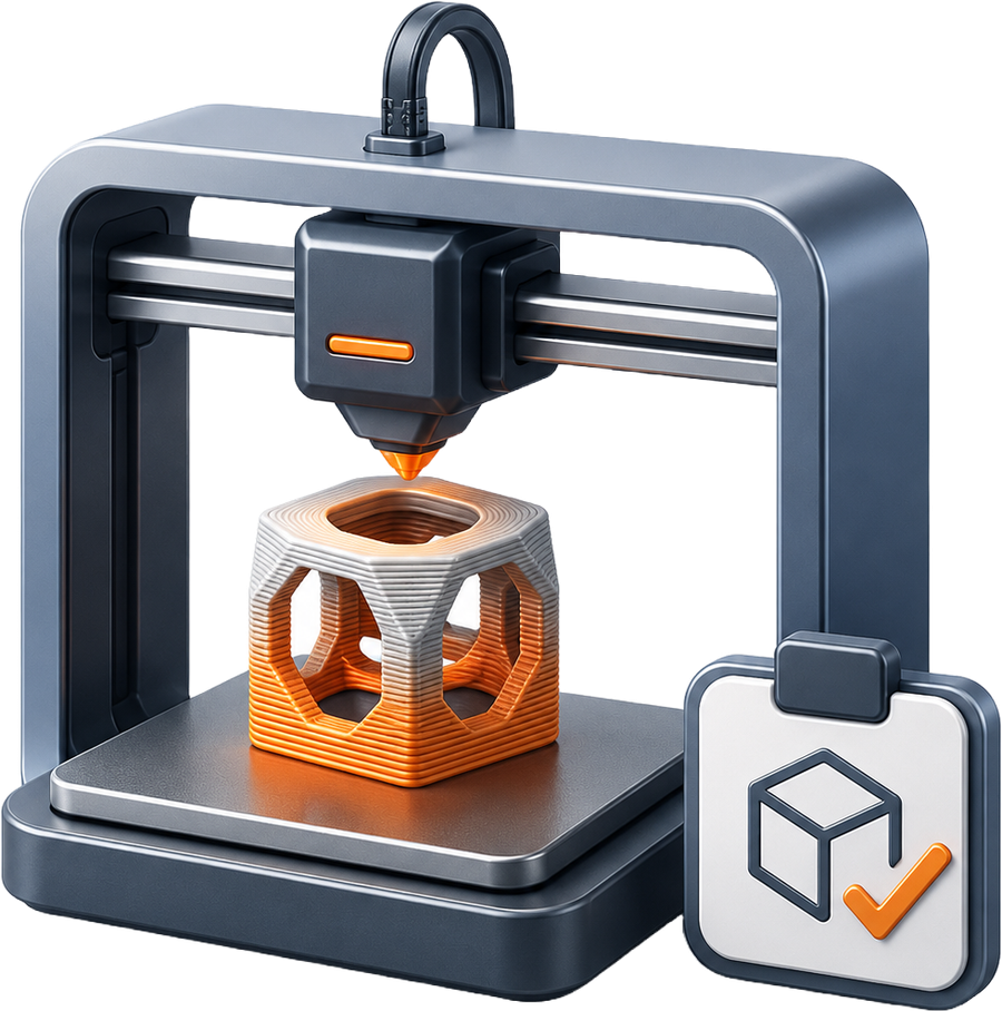 3D-Druckauftrag – 3D-Drucker und fertiges Bauteil