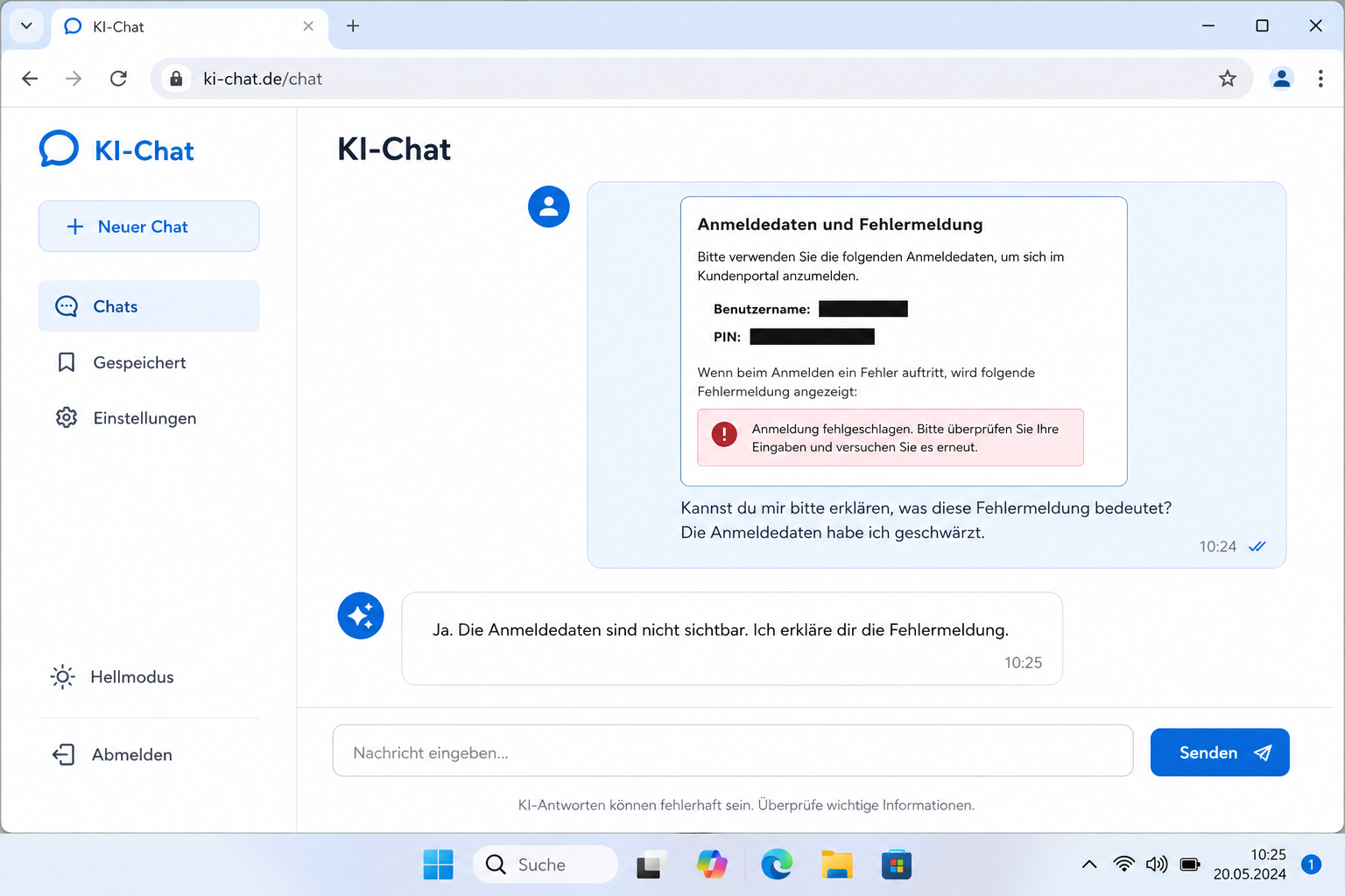 Bereinigten Screenshot in KI-Chat hochladen
