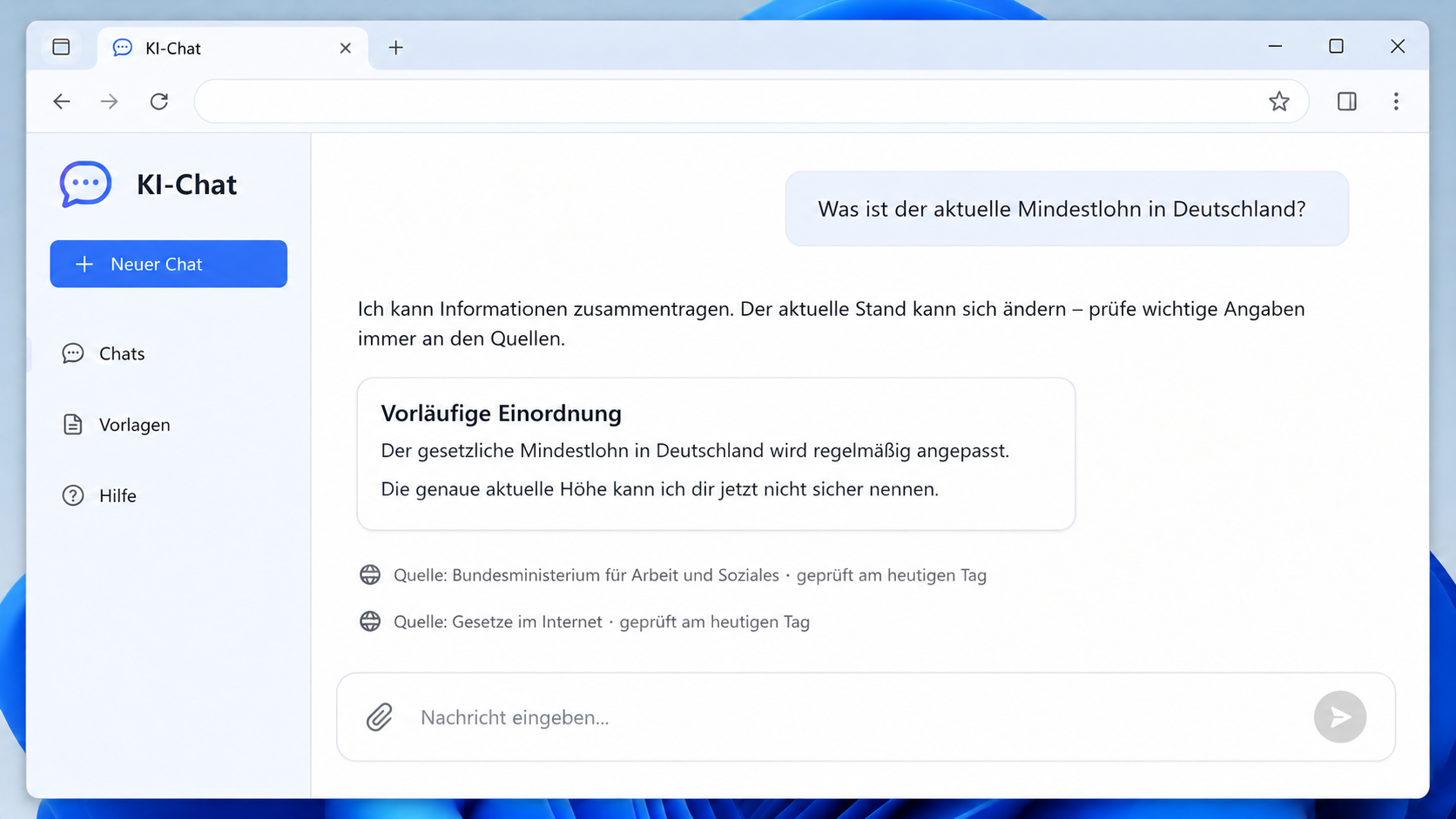 KI-Antwort mit Hinweis, dass aktuelle Angaben an Quellen geprüft werden sollen