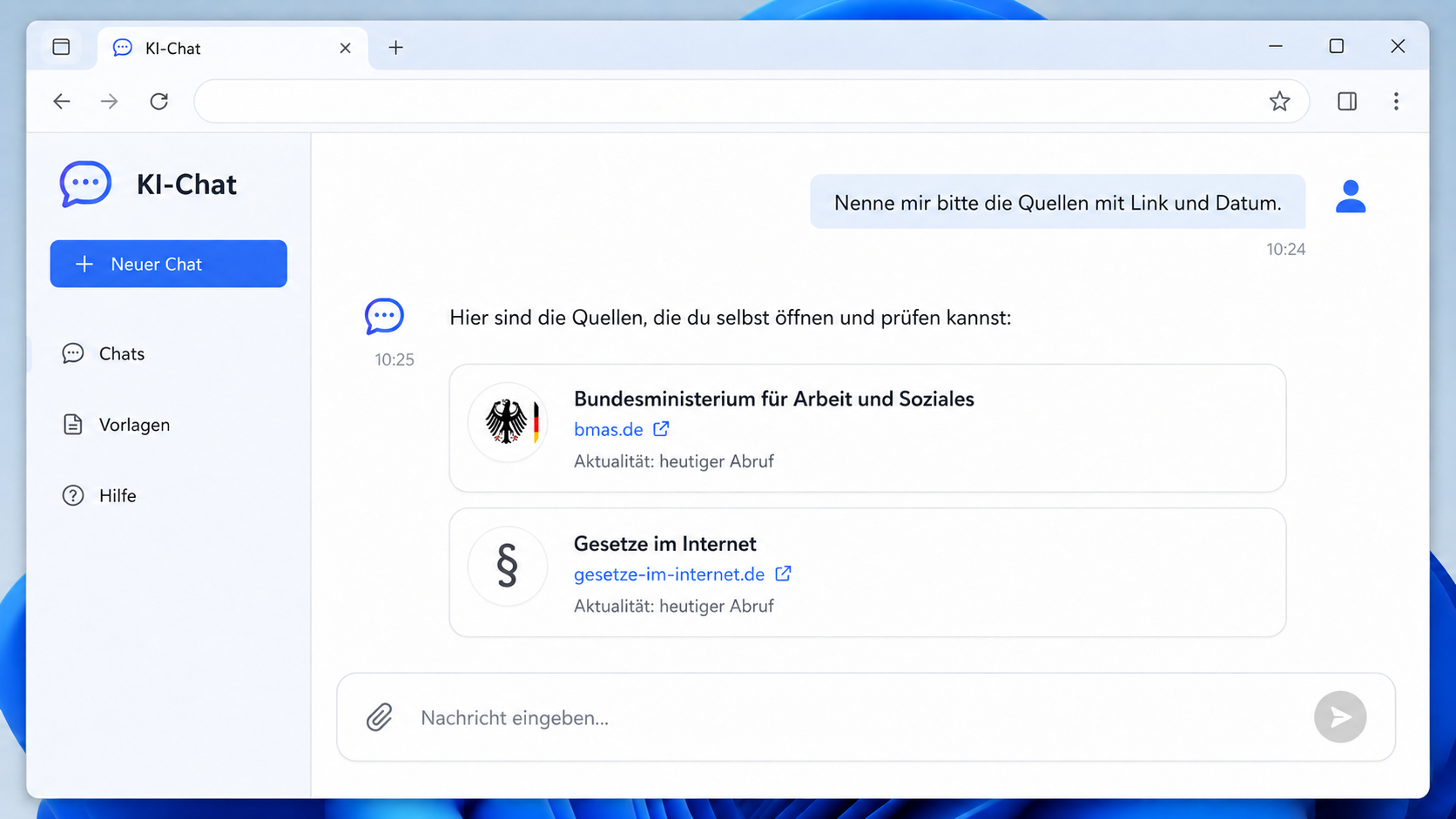 KI-Chat nennt offizielle Quellen mit Link und Datum