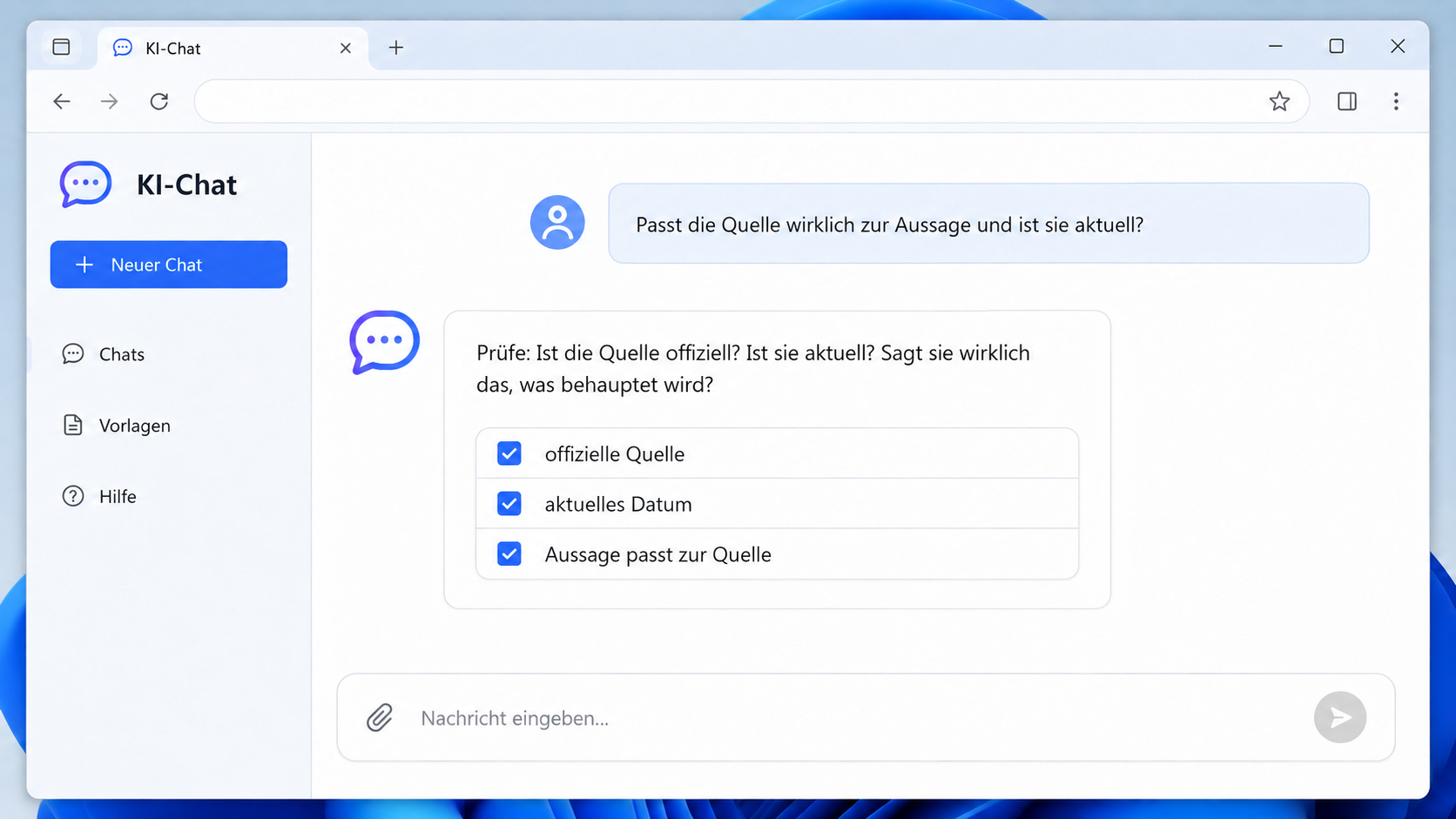 Checkliste im KI-Chat zum Prüfen einer Quelle auf Aktualität und passende Aussage