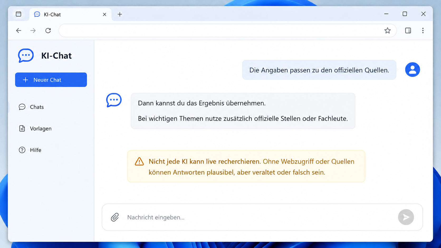 KI-Chat bestätigt, dass Angaben zu offiziellen Quellen passen und verantwortungsvoll genutzt werden sollen