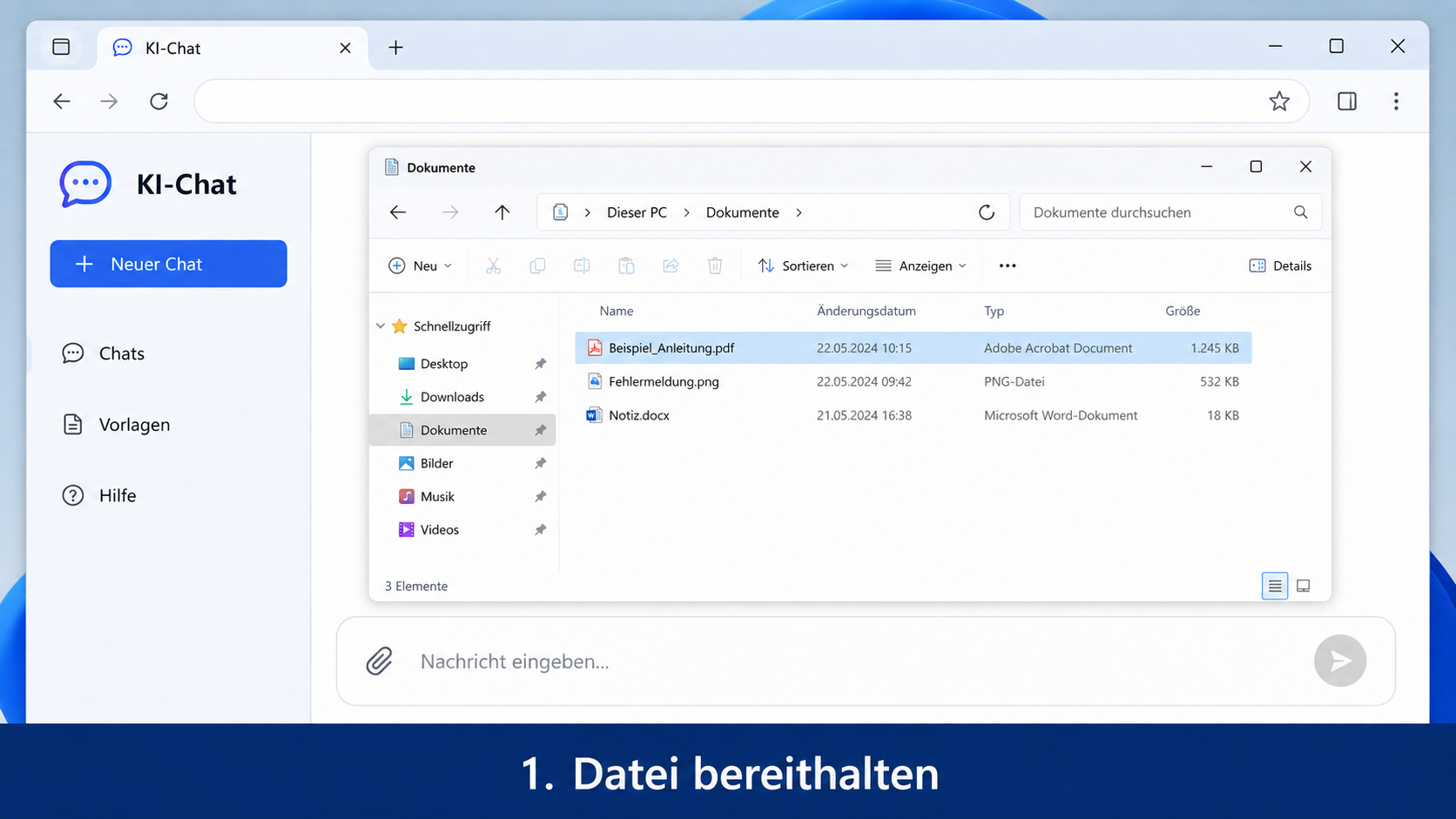 Datei im Windows-Explorer, die für das Einfügen in einen KI-Chat bereitliegt