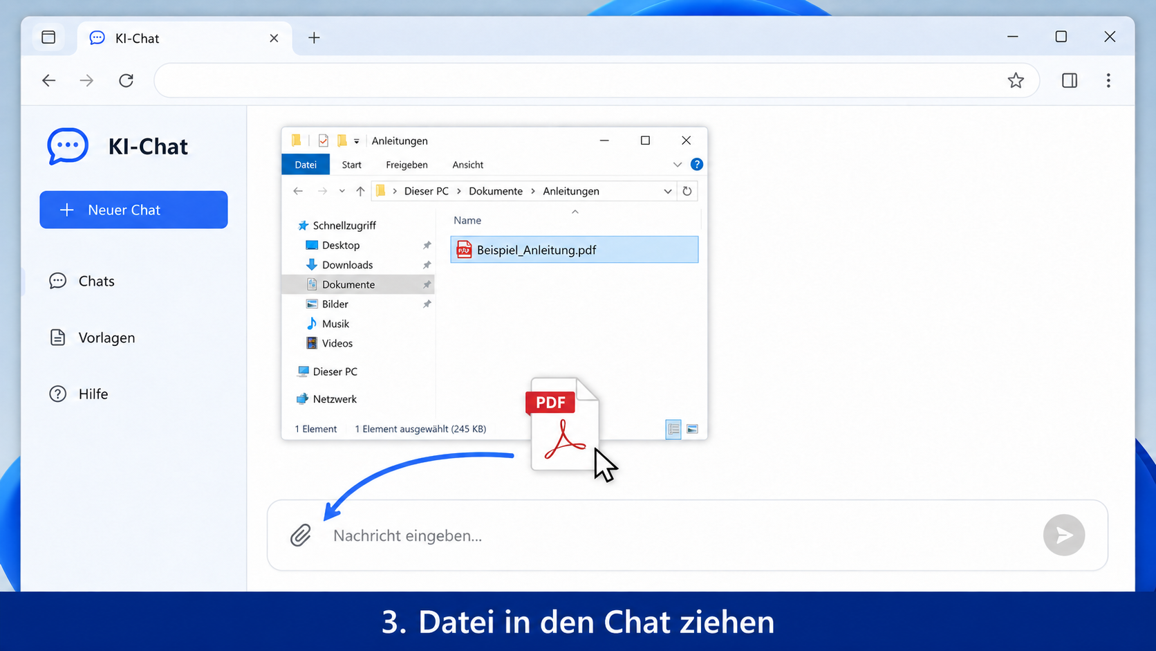 Datei wird per Drag and Drop aus dem Windows-Explorer in einen KI-Chat gezogen