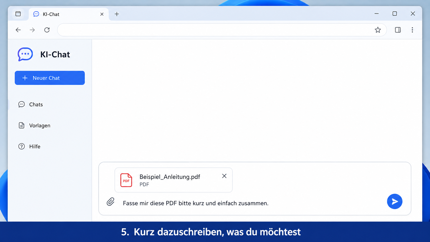 Angehängte Datei im KI-Chat mit einer kurzen Aufgabe im Eingabefeld