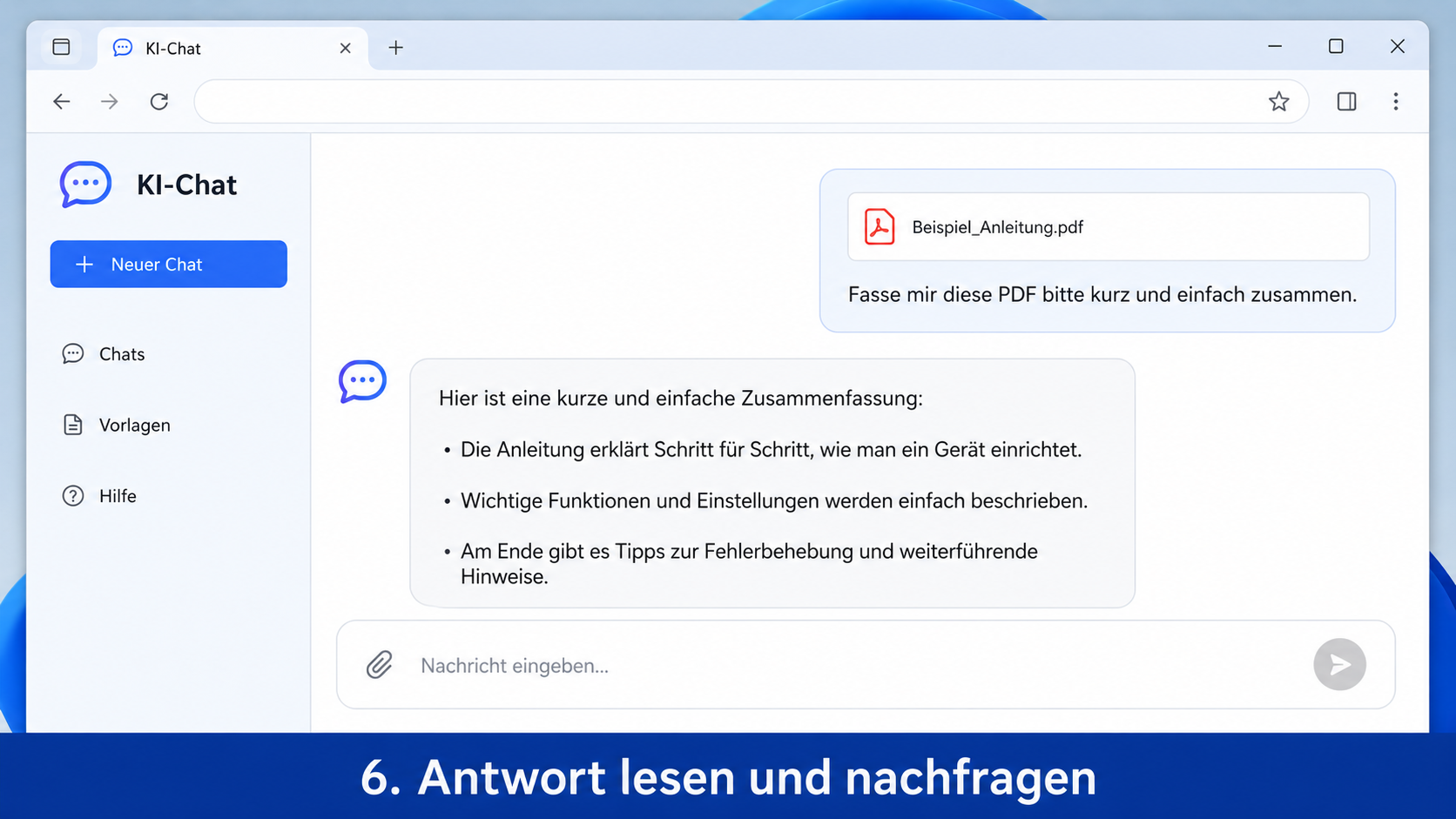 KI-Antwort auf eine zuvor angehängte Datei mit anschließender Rückfrage