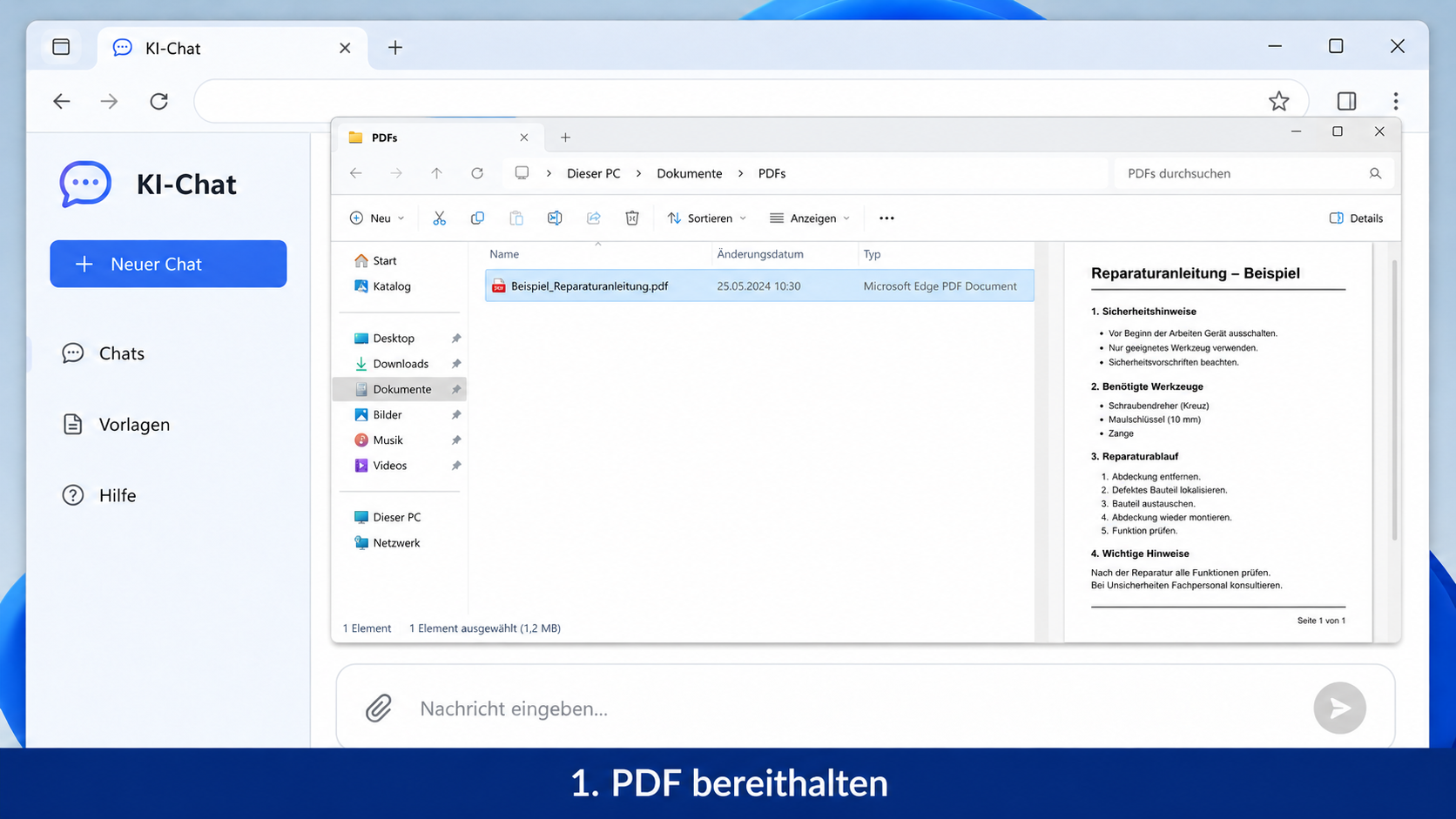 PDF-Datei im Windows-Explorer, die für die Auswertung mit einem KI-Chat bereitliegt