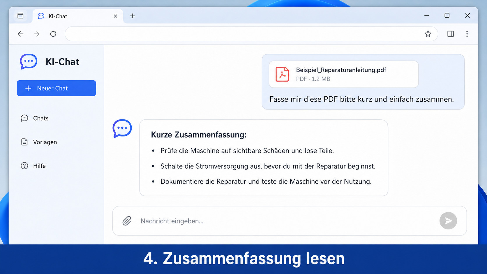KI-Antwort mit einer Zusammenfassung einer zuvor hochgeladenen PDF
