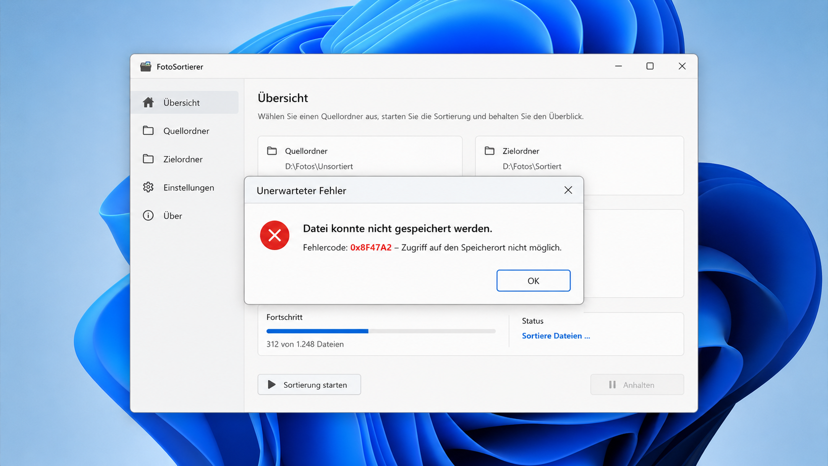 Beispiel eines Windows-Programmfehlers, der später als Screenshot an eine KI gesendet werden soll