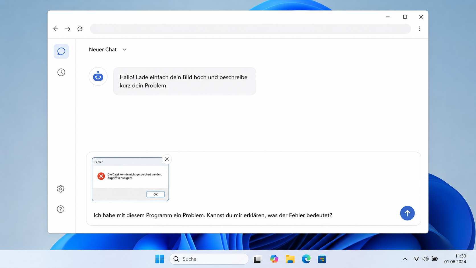 Beispiel eines in einen KI-Chat eingefügten Screenshots mit einer Windows-Fehlermeldung