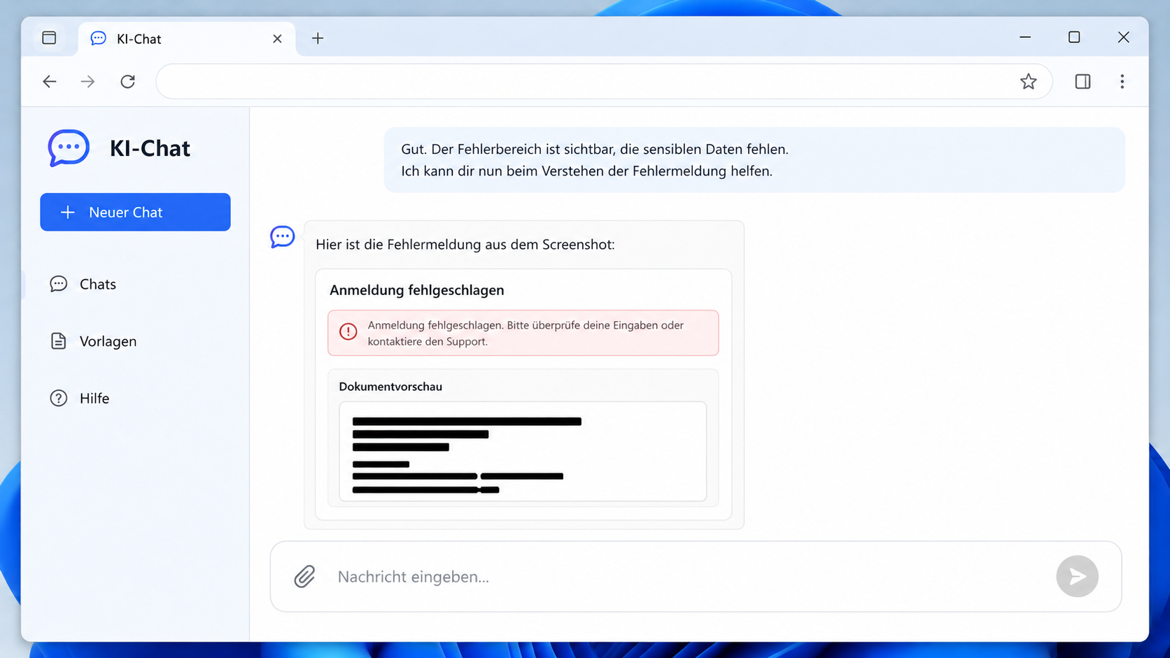Sichere Frage zu einem Anmeldefehler im KI-Chat