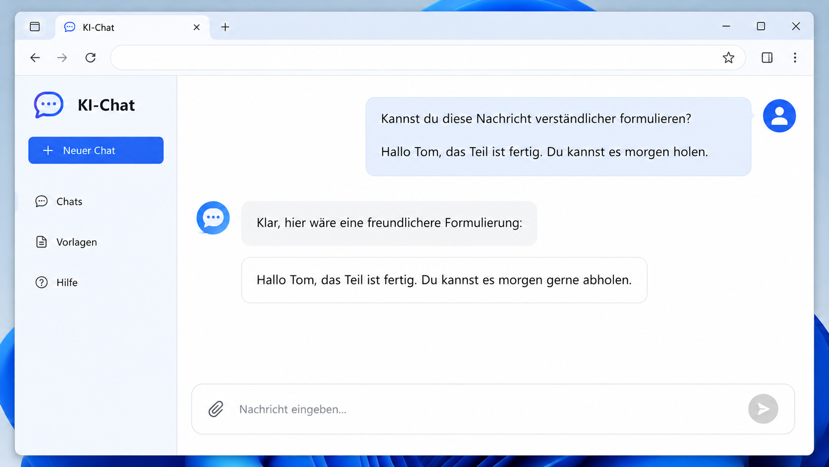 Ein kurzer Entwurf wird in einem KI-Chat freundlich formuliert