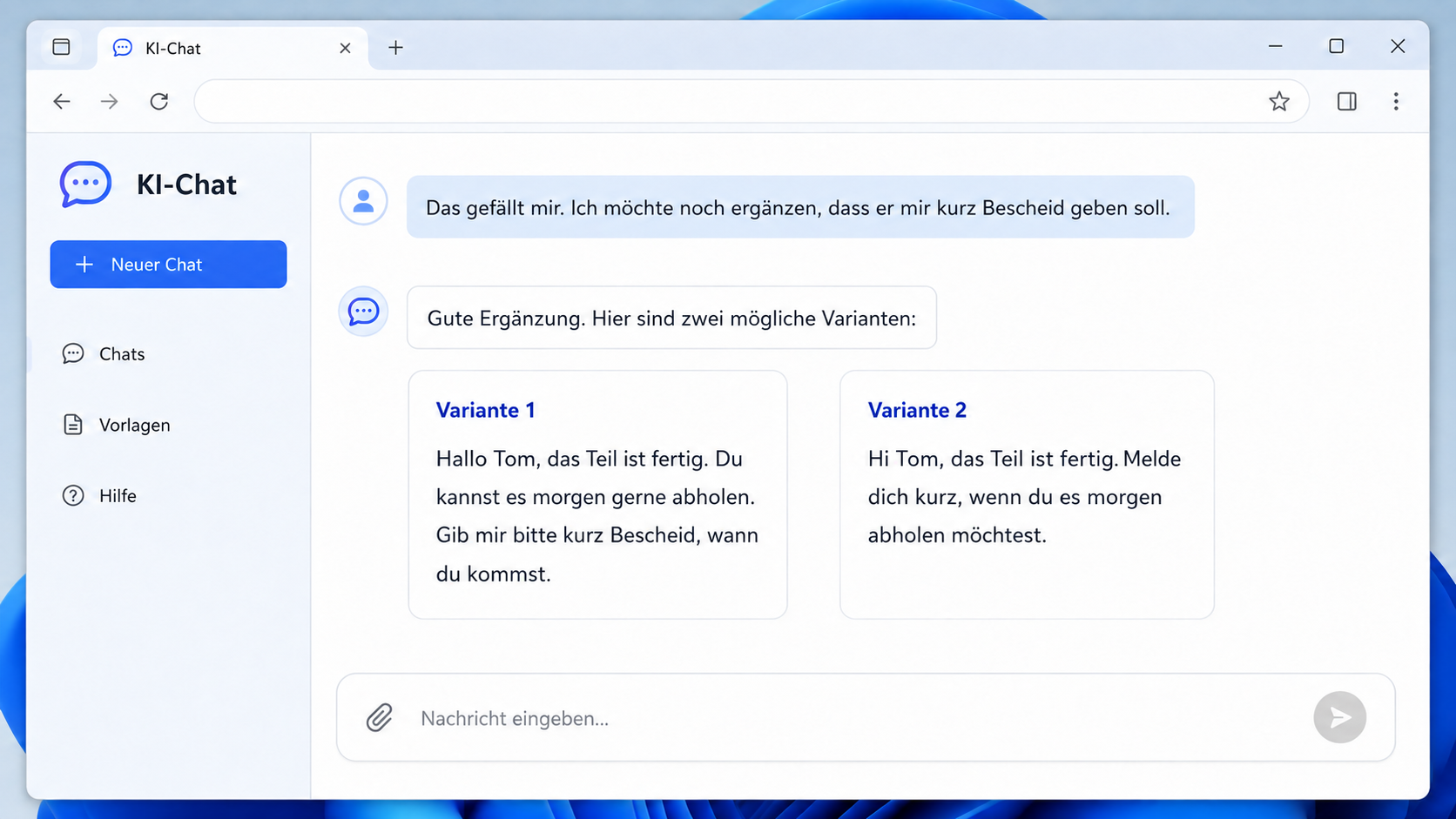 KI schlägt zwei Varianten für eine ergänzte Nachricht vor