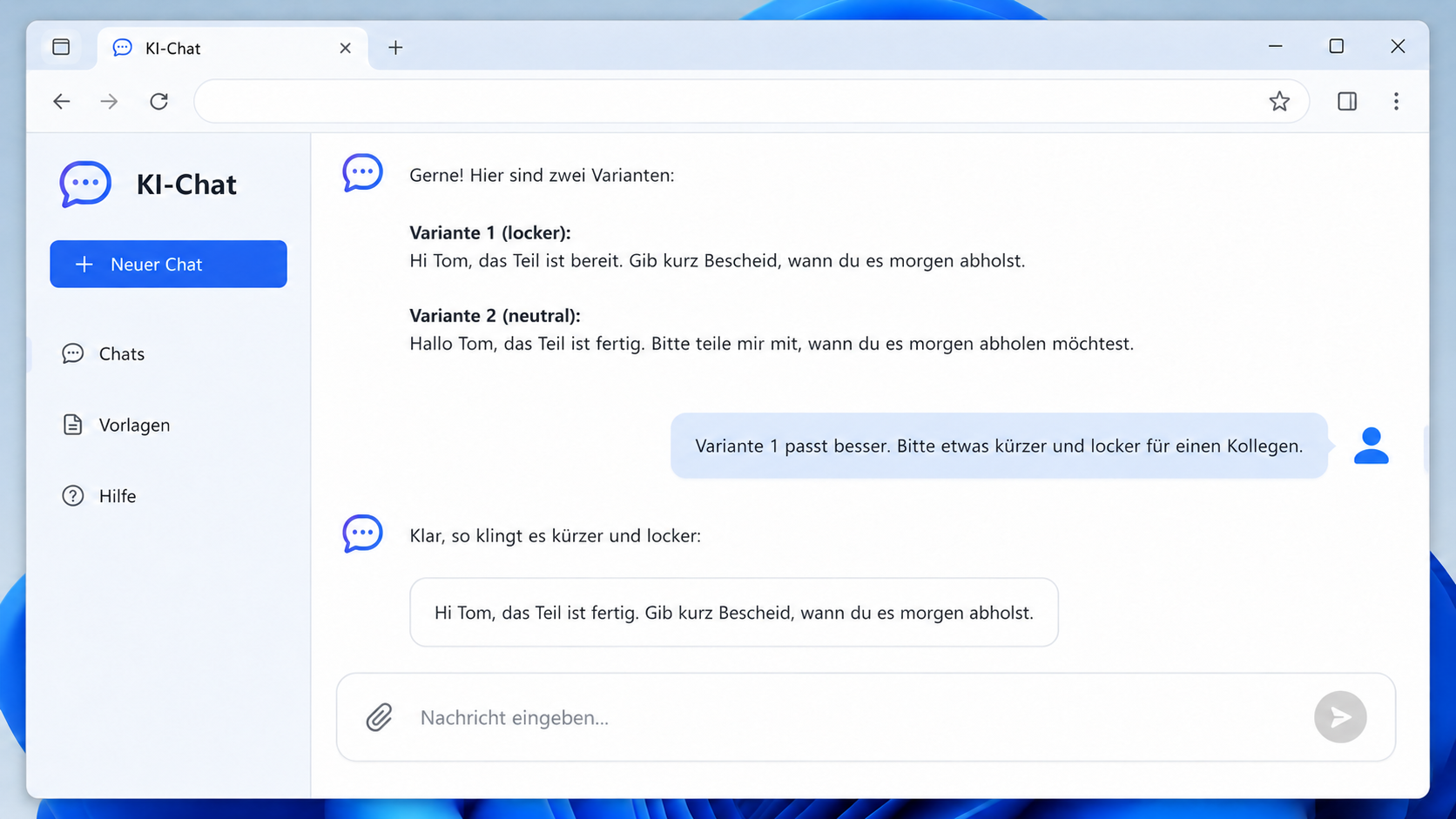Eine Textvariante wird im KI-Chat kürzer und lockerer angepasst