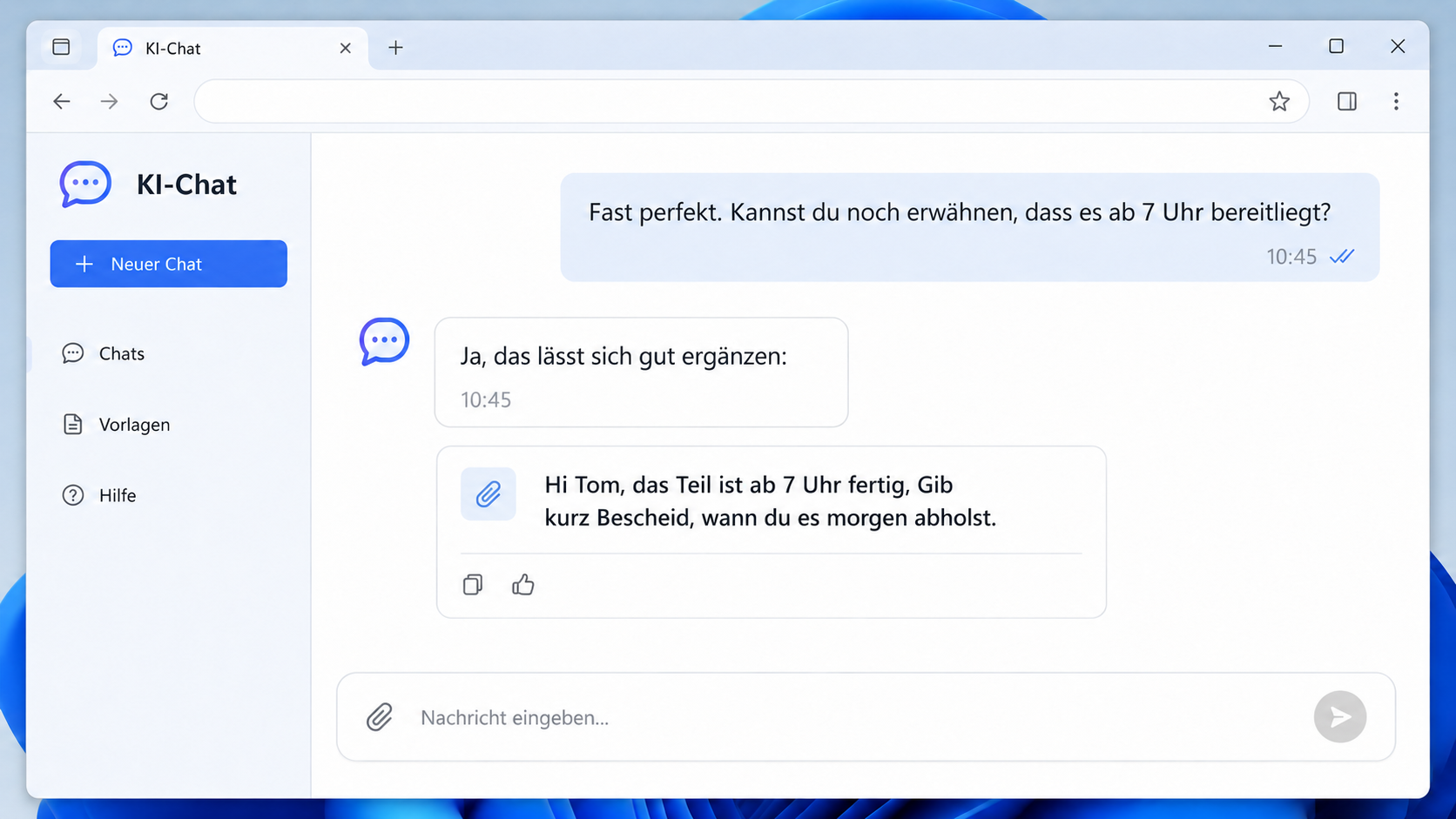 Eine Uhrzeit wird in einen zuvor verbesserten Text eingefügt