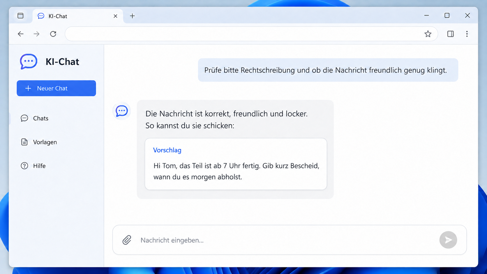 KI prüft einen Nachrichtentext auf Rechtschreibung und freundlichen Ton