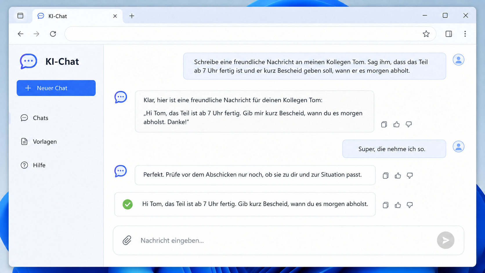 Fertig überarbeitete Nachricht in einem KI-Chat nach mehreren Anpassungen