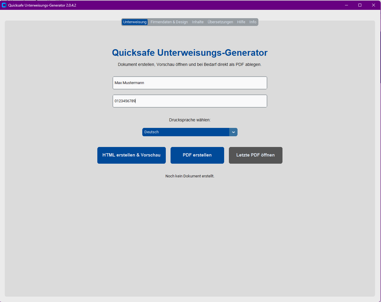 Tab Unterweisung mit Mitarbeiterdaten und Ausgabebuttons