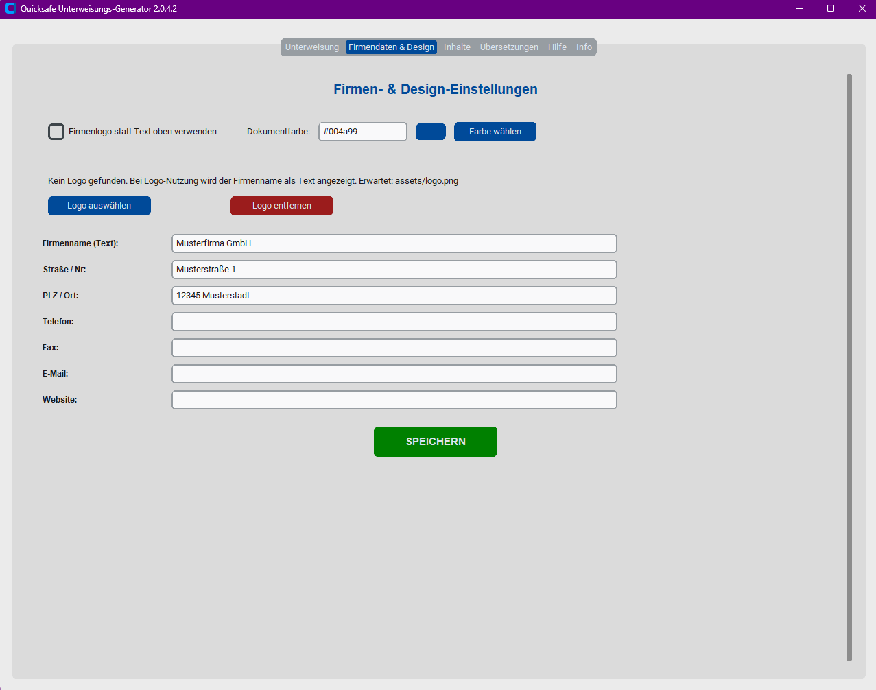 Firmendaten und Design-Einstellungen