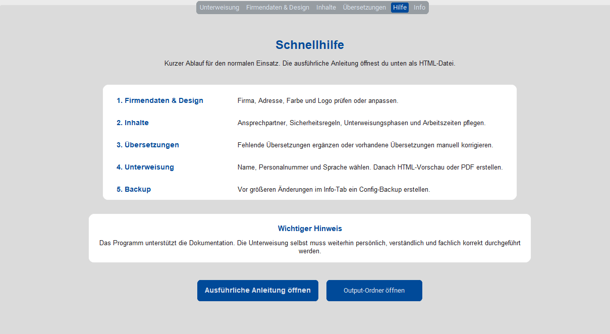 Hilfe-Tab mit Kurzanleitung