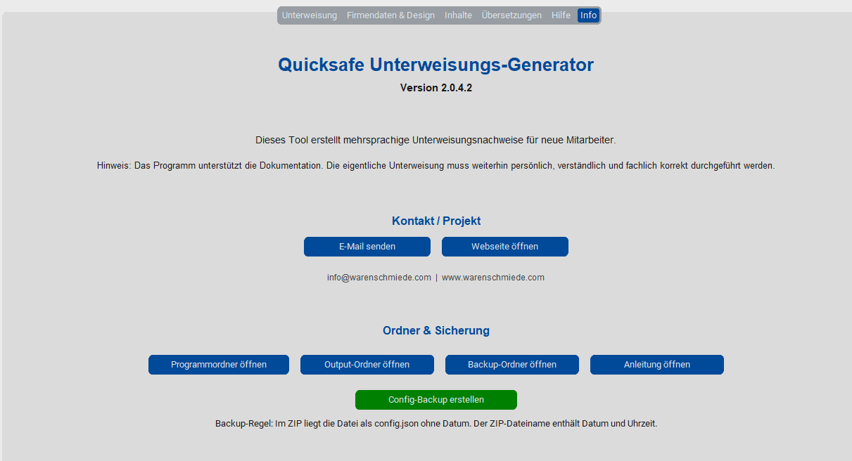 Info-Tab mit Kontakt und Ordnerbuttons