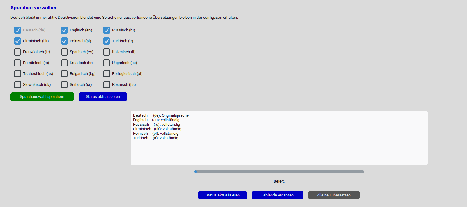 Sprachen verwalten im Tab Übersetzungen